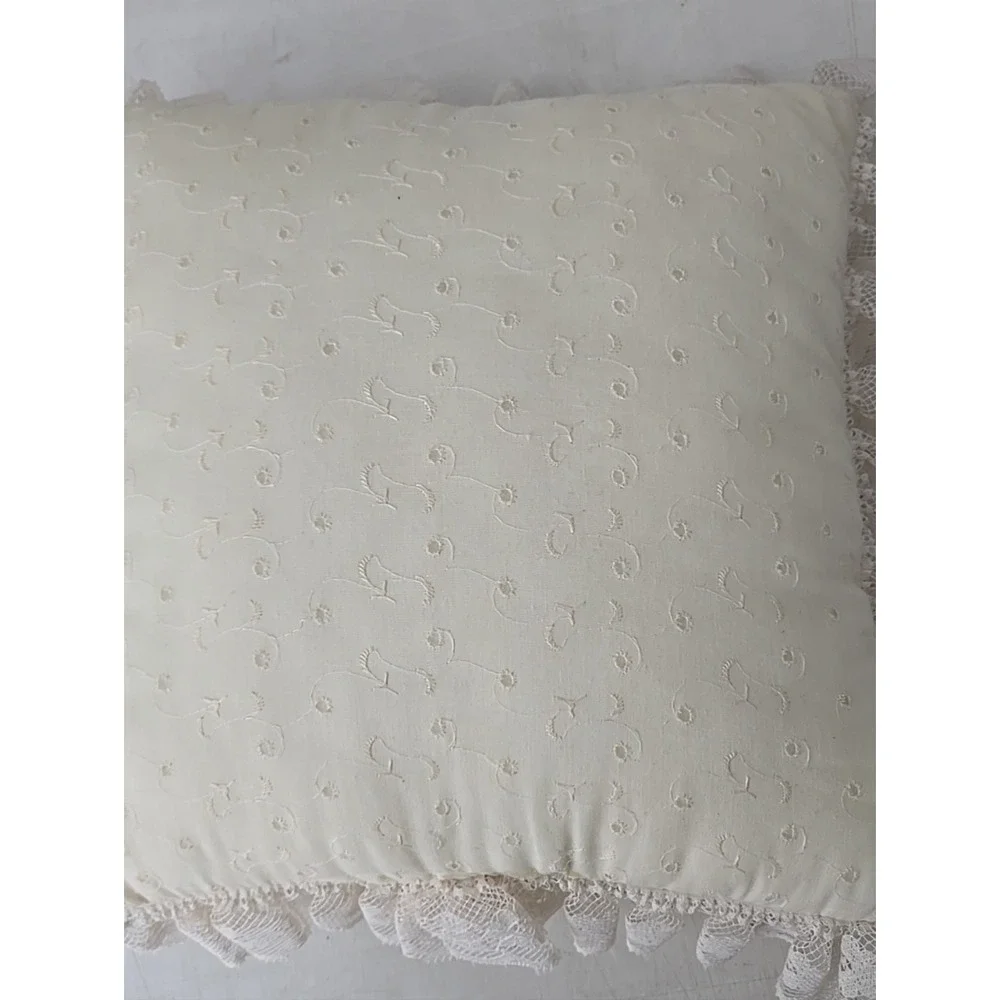 Vintage Eyelet Lace Throw Pillow Ivory Friends Handmade Pink Bows Embroidered